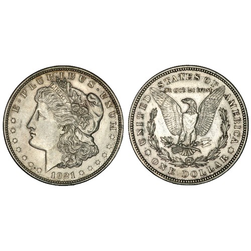 456 - USA 1921 Morgan Dollar. Liberty head left, E · PLURIBUS · UNUM LIBERTY. R. Eagle holding arrows and ... 