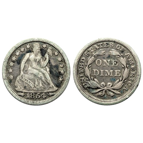 462 - USA 1854 Dime. 2.42g. 18mm. Seated Liberty looking right with a cap on a stick and a shield, UNITED ... 