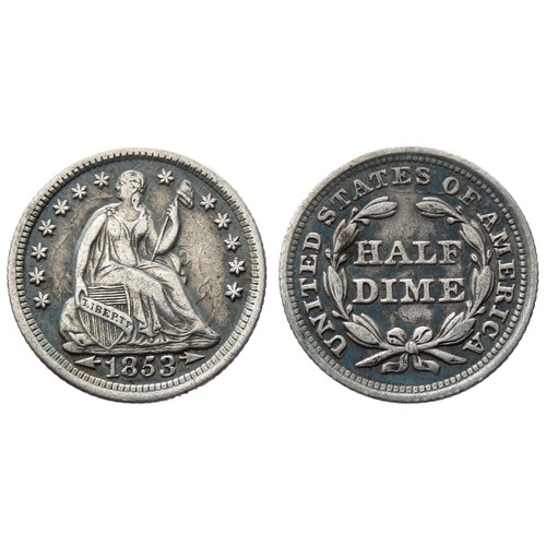 464 - USA 1853 Half Dime. Seating Liberty, looking right with a Phrygian hat on a stick and a shield, 13 s... 