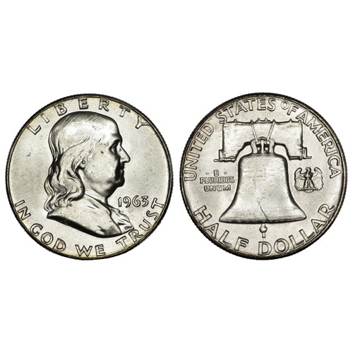 459 - USA 1963 Franklin Half Dollar. 12.41g. 30mm. Benjamin Franklin facing right, LIBERTY1963, IN GOD WE ... 