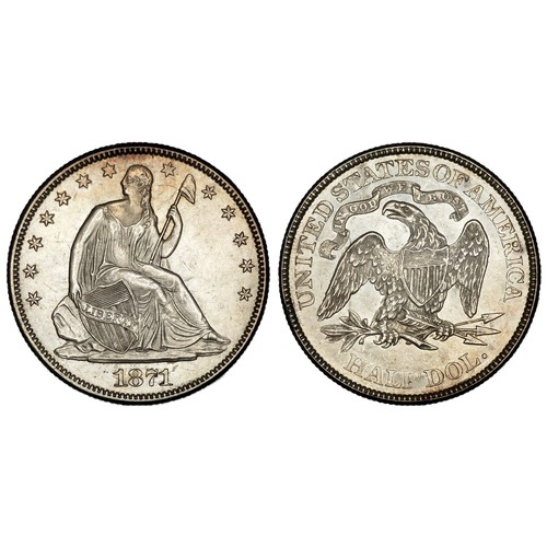 460 - USA 1871 Half Dollar. 12.47g. 31mm. Seated Liberty looking right with a cap on a stick and a shield,... 