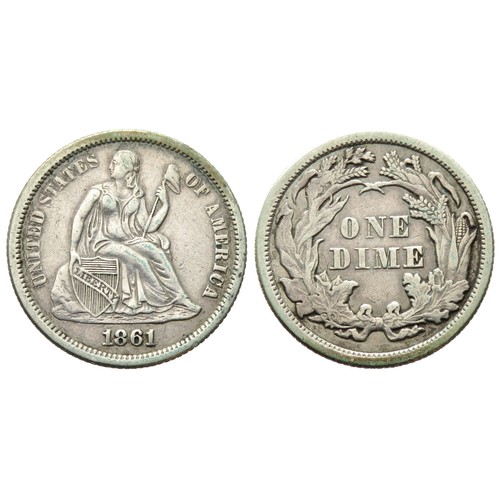 463 - USA 1861 Dime. 2.48g. 18mm. Seated Liberty looking right with a cap on a stick and a shield, UNITED ... 