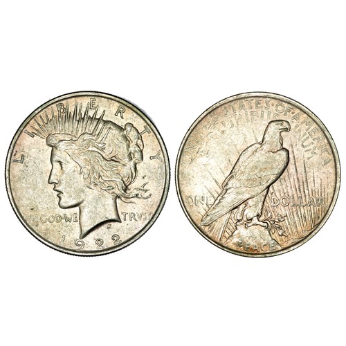 457 - USA 1922 Peace Dollar. 26.78g. 38mm. Capped head of Liberty left, headband with rays. LIBERTYIN GOD ... 