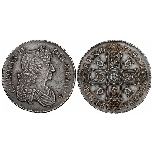 Charles II Crown, 1673. QUINTO. Third laureate bust right, CAROLVS II DEI GRATIA. R. Crowned cruciform shields, interlinked C's in angles. 30.01g. Ref: Bull 390, S.3358. NGC graded, AU 50. Certification: 6769883-001. Note, this coin is currently the sixth finest graded out of a total of 34 pieces graded by NGC.