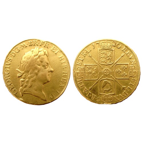 342 - George I Gold Five Guineas. 1720. 41.30g. 38mm. Laureate bust right, GEORGIVS DG M BR FR ET HIB REX ... 