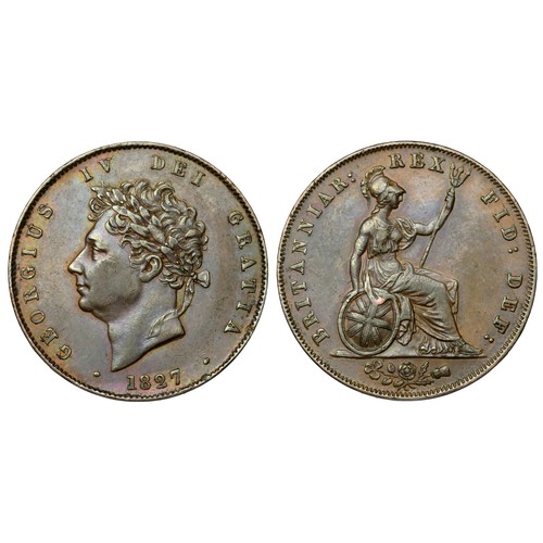 359 - George IV Halfpenny 1827. 9.55g. 28mm. Laureate bust left, GEORGIUS IV DEI GRATIA. R. Britannia seat... 