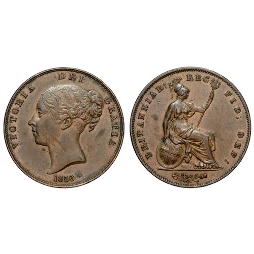 381 - Victoria Penny 1858. Copper, 19g. 34mm. Young head left, date below. VICTORIA DEI GRATIA. R. Britann... 