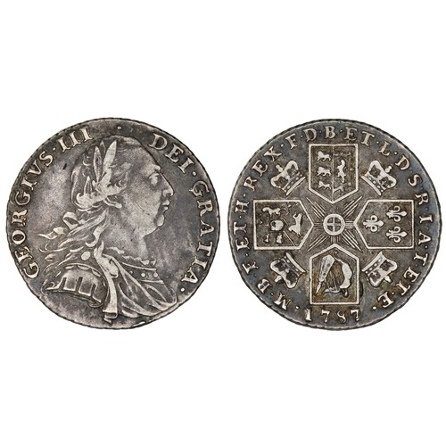 354 - George III Shilling, 1787. Silver, 5.96g. 25mm. Old laureate and draped bust right, GEORGIVS III DEI... 