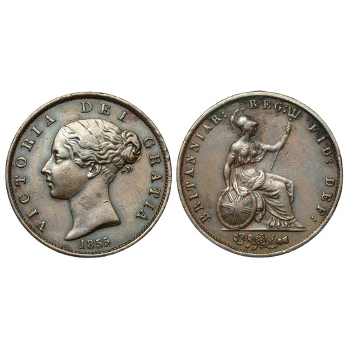 383 - Victoria Halfpenny 1855. Copper, 9.28g. 28mm. Young head left, VICTORIA DEI GRATIA. R. Britannia sea... 