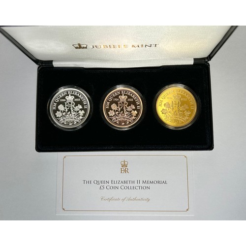 434 - The Queen Elizabeth II Memorial £5 Coin Collection. A cased three coin set issued by the Jubilee Min... 