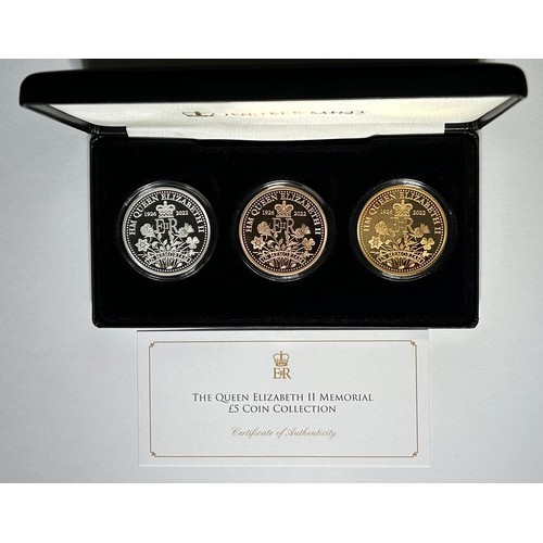 435 - The Queen Elizabeth II Memorial £5 Coin Collection. A cased three coin set issued by the Jubilee Min... 