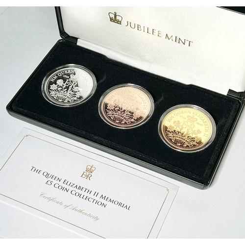 435 - The Queen Elizabeth II Memorial £5 Coin Collection. A cased three coin set issued by the Jubilee Min... 