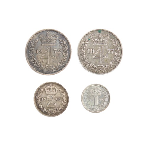 378 - Group of Silver Maundy Pieces (4). Victoria fourpences, 1872 & 1877. Edward VII 1902 Twopence an... 