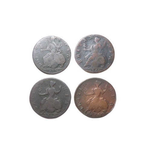 363 - Early Milled Copper Halfpennies (4). To include coins from the reigns of George II & III. 1729, ... 