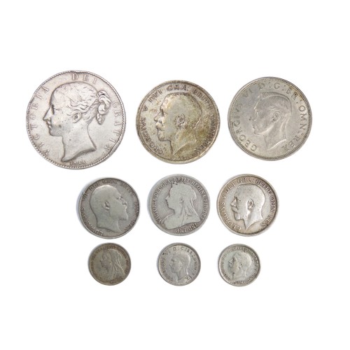 362 - British Silver coin group (9). To include, Victoria 1844 crown, 1900 shilling & threepence. Edwa... 