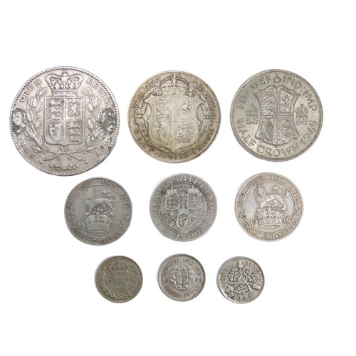 362 - British Silver coin group (9). To include, Victoria 1844 crown, 1900 shilling & threepence. Edwa... 