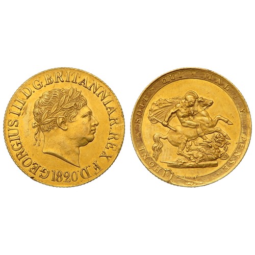 352 - George III Sovereign 1820. Type B, closed 2 in date. 8.0g. 22mm. Laureate head right, GEORGIUS III D... 