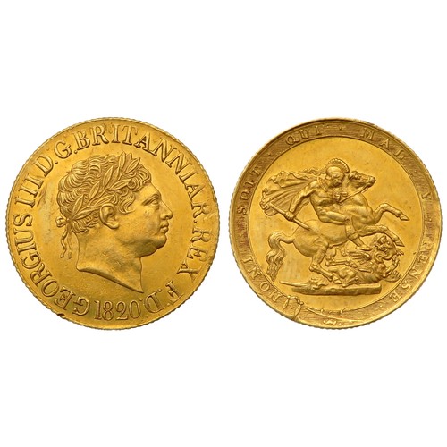 352 - George III Sovereign 1820. Type B, closed 2 in date. 8.0g. 22mm. Laureate head right, GEORGIUS III D... 