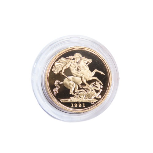 418 - Royal Mint. Elizabeth II Proof Gold Sovereign, 1991. 8g. Crowned bust right, ELIZABETH II DEI GRA F ... 