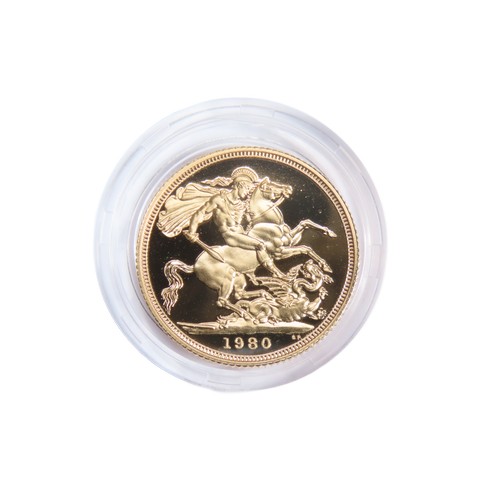 420 - Royal Mint. Elizabeth II Proof Gold Sovereign, 1980. 8g. Crowned bust right, ELIZABETH II DEI GRA F ... 