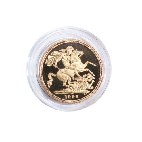 423 - Royal Mint. Elizabeth II Proof Gold Sovereign, 1996. 8g. Crowned bust right, ELIZABETH II DEI GRA RE... 