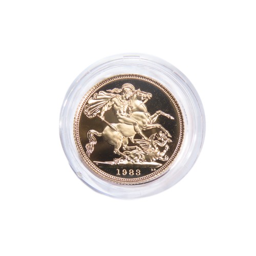 430 - Royal Mint. Elizabeth II Proof Gold Sovereign, 1988. 8g. Crowned bust right, ELIZABETH II DEI GRATIA... 