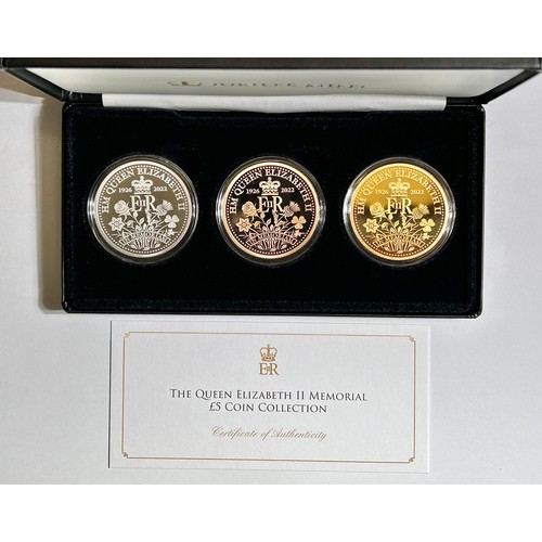 438 - The Queen Elizabeth II Memorial £5 Coin Collection. A cased three coin set issued by the Jubilee Min... 