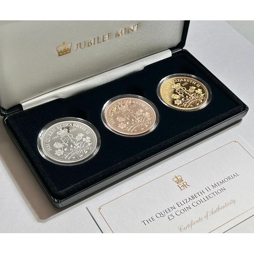 439 - The Queen Elizabeth II Memorial £5 Coin Collection. A cased three coin set issued by the Jubil... 