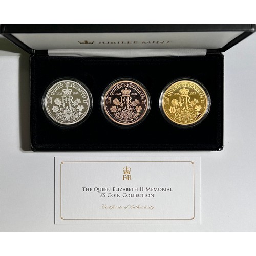 439 - The Queen Elizabeth II Memorial £5 Coin Collection. A cased three coin set issued by the Jubil... 