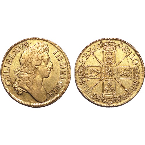 336 - William III, 1694-1702. Gold Guinea. 1698, second bust with large lettering and large date. Laureate... 