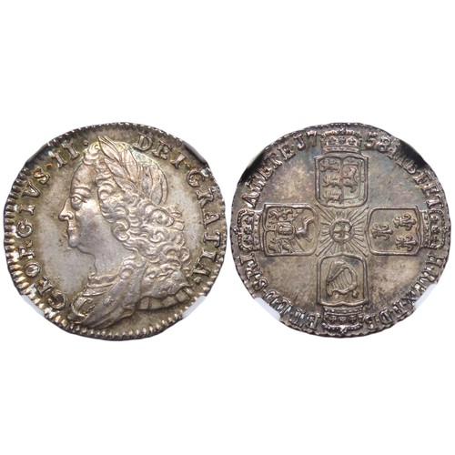 347 - George II. 1727-1760. AR Sixpence. Dated 1758/7. Bull 1764; ESC 1624; SCBC 3711. Toned. In NGC encap... 