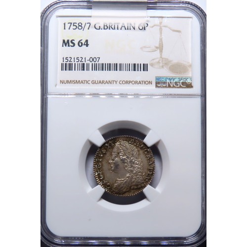 347 - George II. 1727-1760. AR Sixpence. Dated 1758/7. Bull 1764; ESC 1624; SCBC 3711. Toned. In NGC encap... 