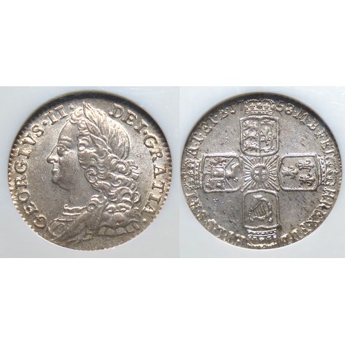 348 - George II. 1727-1760. AR Sixpence. Dated 1758/7. Bull 1764; ESC 1624; SCBC 3711. In NGC encapsulatio... 