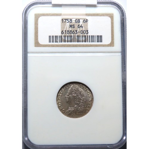 348 - George II. 1727-1760. AR Sixpence. Dated 1758/7. Bull 1764; ESC 1624; SCBC 3711. In NGC encapsulatio... 