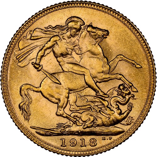 391 - George V Gold Sovereign 1918-I. NGC graded, MS64. Bombay mint, KM-A525, Fr-1609. S.3998. Lustrous go... 