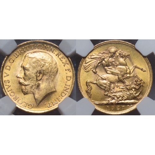 392 - George V Gold Sovereign 1927-SA. NGC graded MS63, Pretoria mint, KM21, Fr-5. S.4004. ex. Heritage au... 