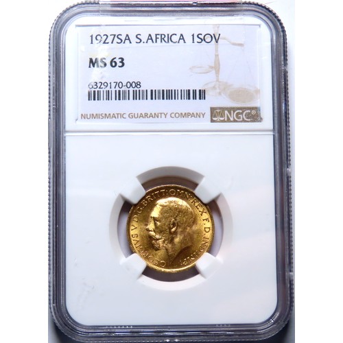 392 - George V Gold Sovereign 1927-SA. NGC graded MS63, Pretoria mint, KM21, Fr-5. S.4004. ex. Heritage au... 