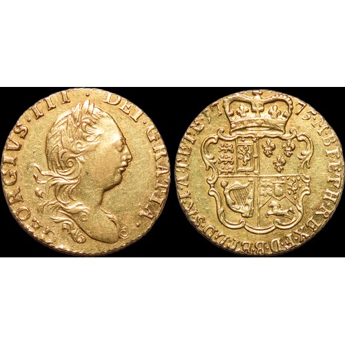 351 - George III Half Guinea. Gold, 4.21g. Third laureate bust right, stringy hair style. Stop after GRATI... 