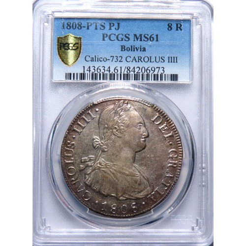 358 - Charles III 8 Reales. 1808-PTS-PJ MS61 PCGS, Potosi mint. Ref: KM73, Calico-732. Silver, 27g. ex. He... 