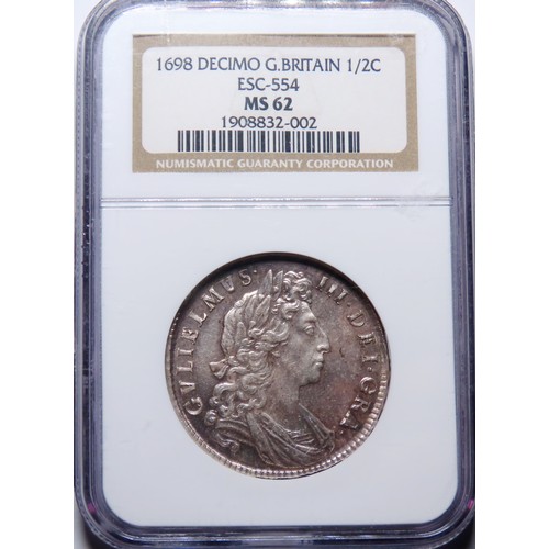 337 - William III 1/2 Crown 1698. Graded MS62, NGC. DECIMO edge. Laureate and draped bust right. R. Crowne... 