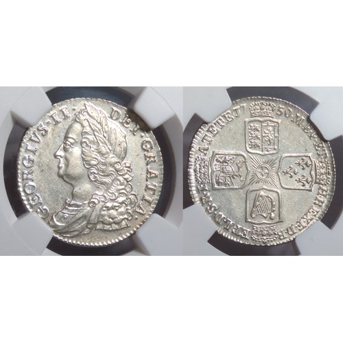 344 - George II Shilling 1750. Graded, MS62 NGC. Laureate and draped bust left. R. Crowned cruciform shiel... 