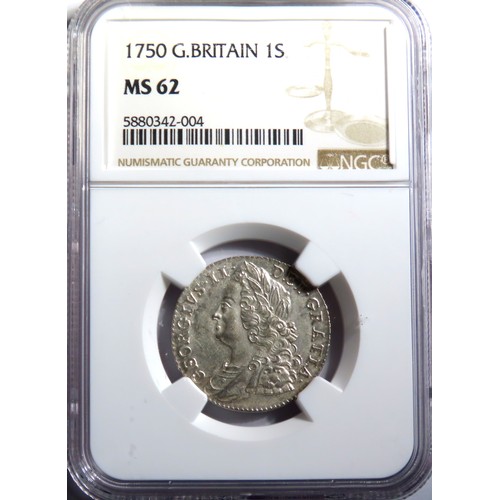 344 - George II Shilling 1750. Graded, MS62 NGC. Laureate and draped bust left. R. Crowned cruciform shiel... 