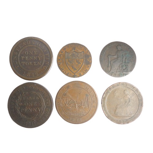 474 - 18th /19th Century Copper Tokens (6). Tunstead and Wapping one penny, 1819. Kent, 1794 halfpenny. 17... 