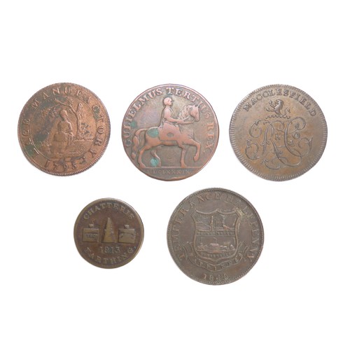 475 - 18th /19th Century Copper Tokens (5). 1840 Temperance Halfpenny, Macclesfield halfpenny, 1795 lace m... 