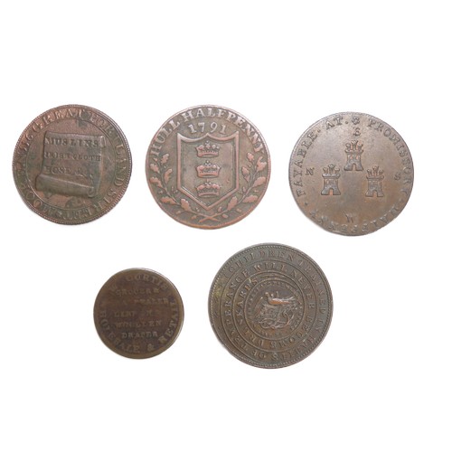 475 - 18th /19th Century Copper Tokens (5). 1840 Temperance Halfpenny, Macclesfield halfpenny, 1795 lace m... 