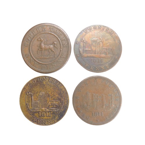 476 - 18th/19th Century Copper Tokens (4). One penny tokens, 1811 Cornish token (2), 1812 Birmingham and S... 