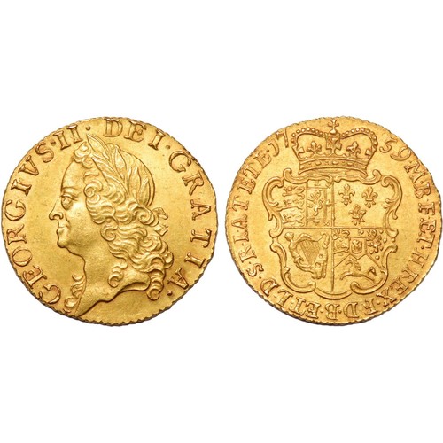 343 - George II Half Guinea, 1759. Gold, 4.23g. Old laureate bust left. R. Crowned garnished shield. Ref: ... 