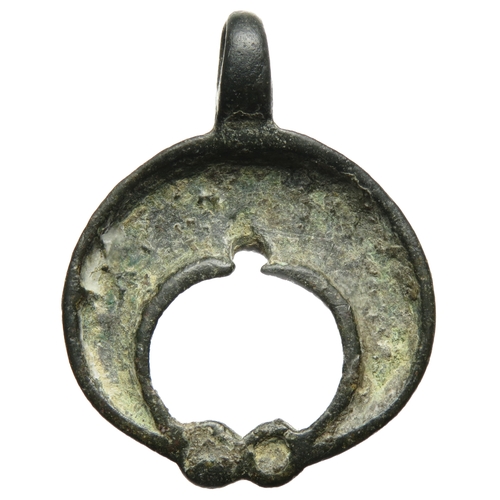 30 - Roman luna harness pendant. Circa 1st-4th century CE. 11.19g, 39mm. A crescent shaped pendant detail... 