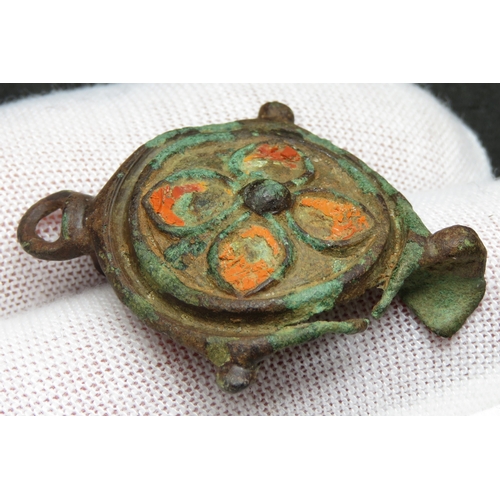 34 - Roman enamelled unbonate brooch, 2nd century CE. 38mm. An unusual example detailed with a quatrefoil... 