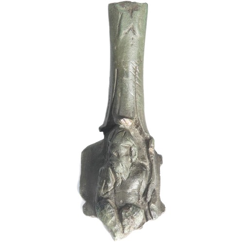 38 - Roman Bronze Jug Handle Base. Circa 2nd century CE. 78mm. Depicting a setaed bearded male figure, po... 